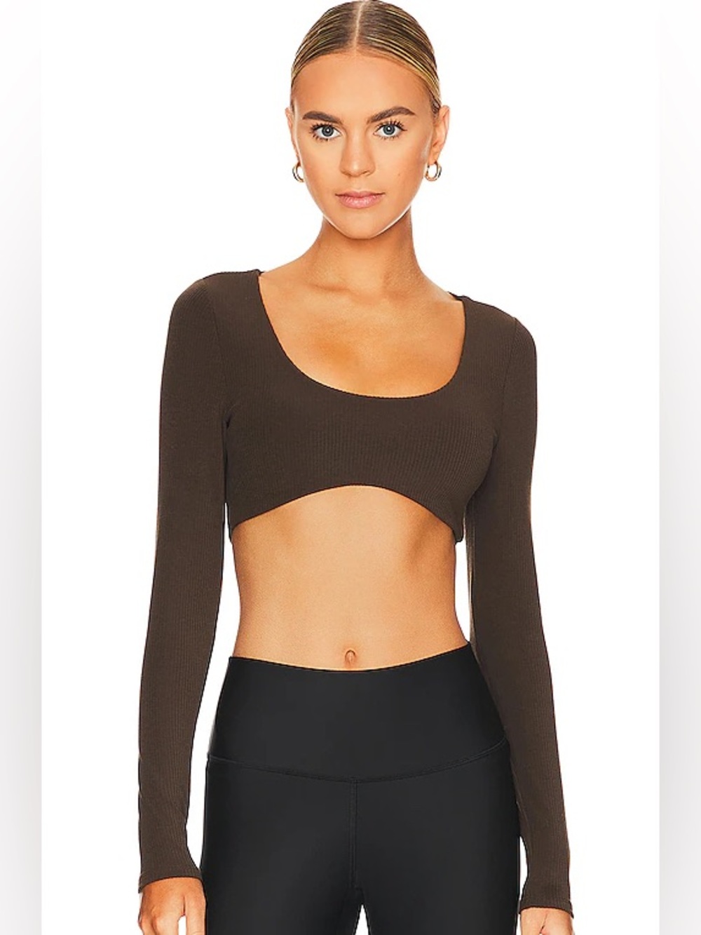 ALO Ribbed Defined Long Sleeve cropped top with molded Bra in Espresso small